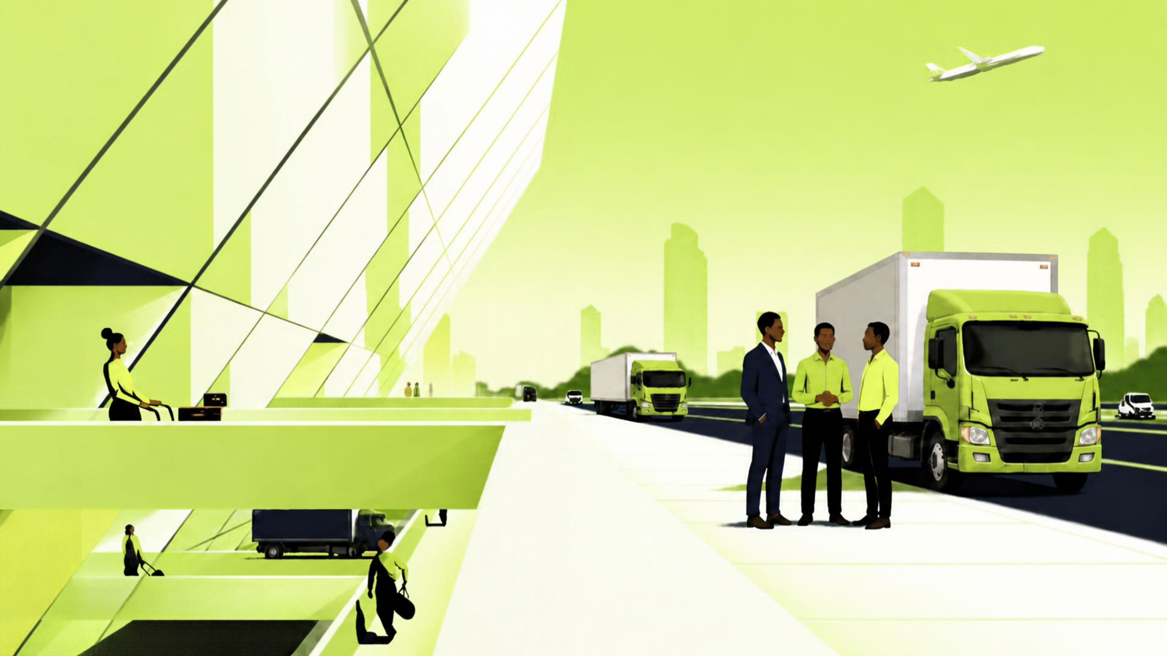 Illustration of business people talking beside Patch trucks, with a city skyline and a plane overhead
