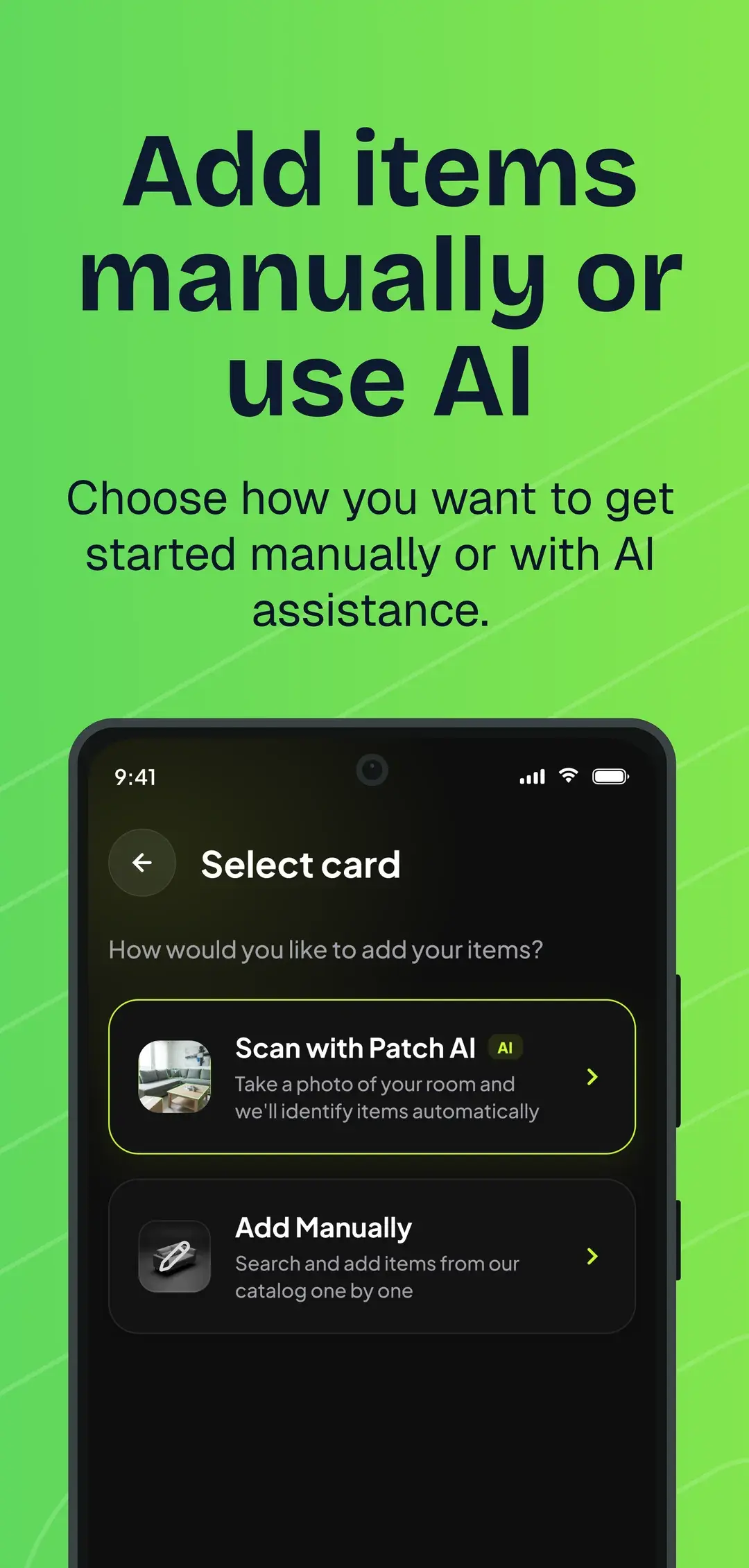 Patch app screen to add items manually or with AI